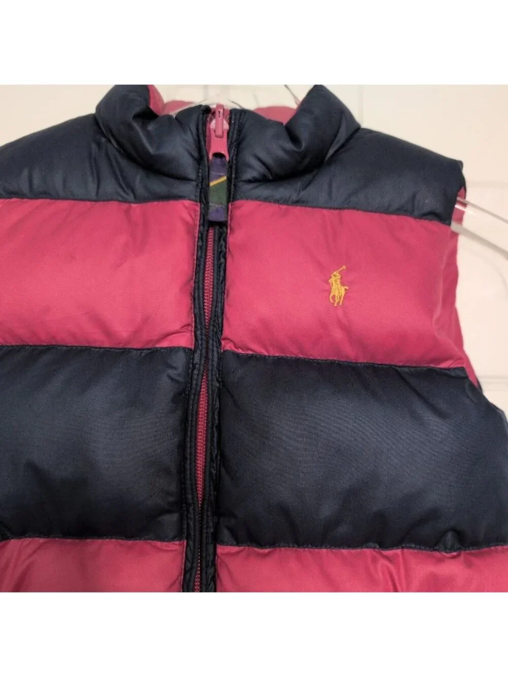 Ralph Lauren Stripe Down Puffer Vest Girls Size 6X Pink Blue Crest Reversible